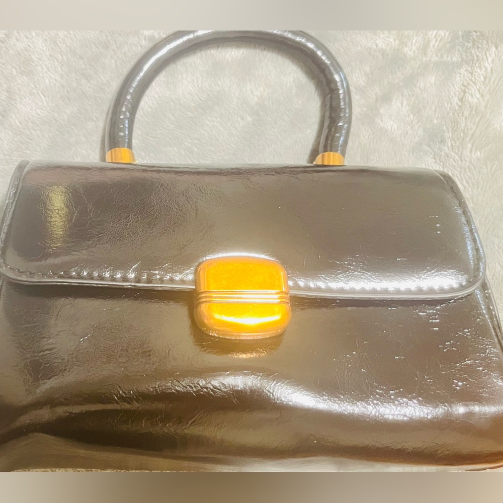Black Patent Top-Handle Bag with Orange Accent